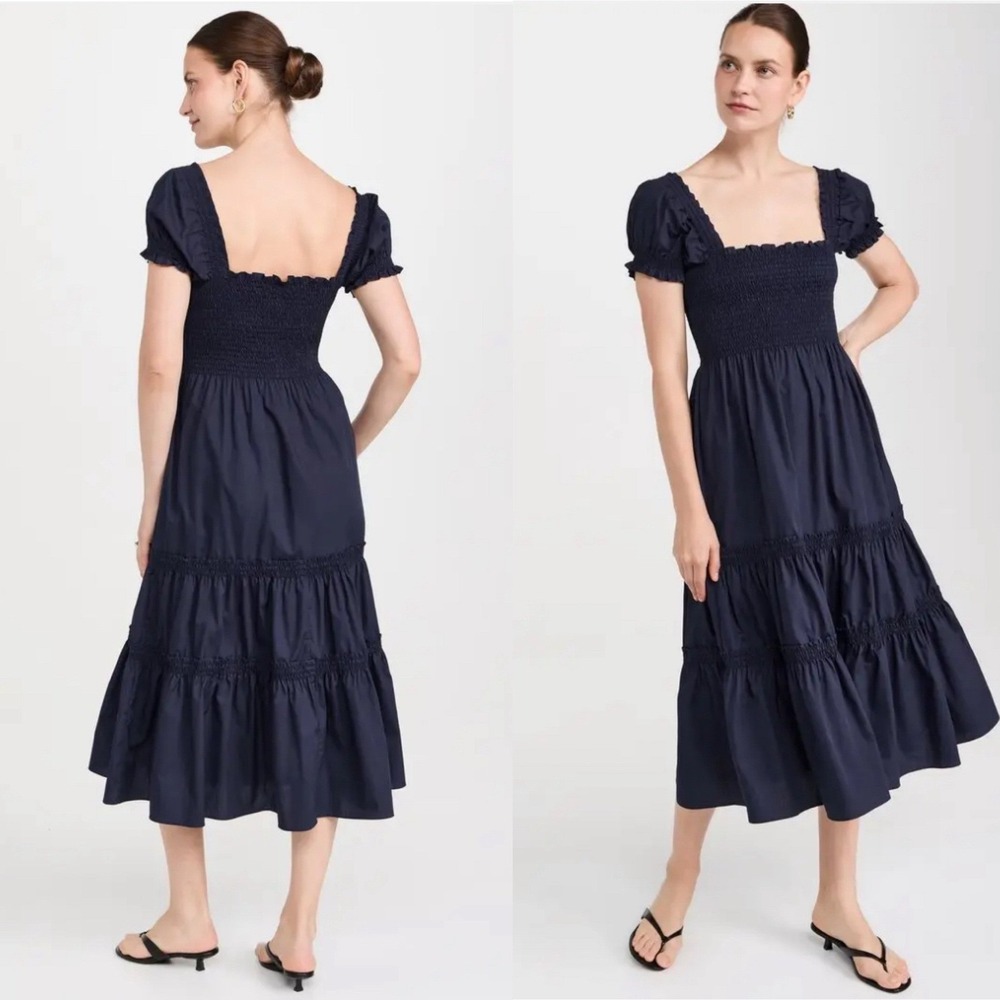 O.P.T Square Neck Smocked Dress in‎ Navy Blue Midi Dress Size Small